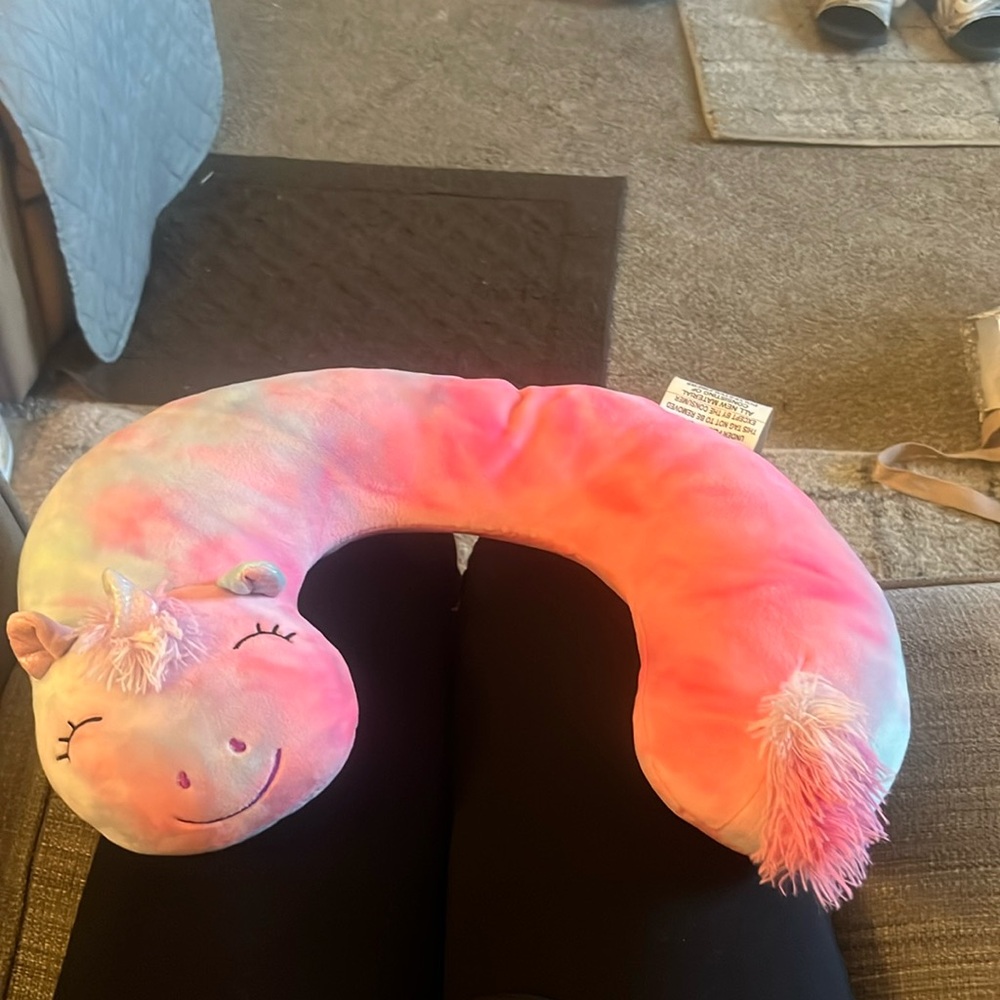 Pink purple and blue mixed, fluffy, comfy, airplane pillow